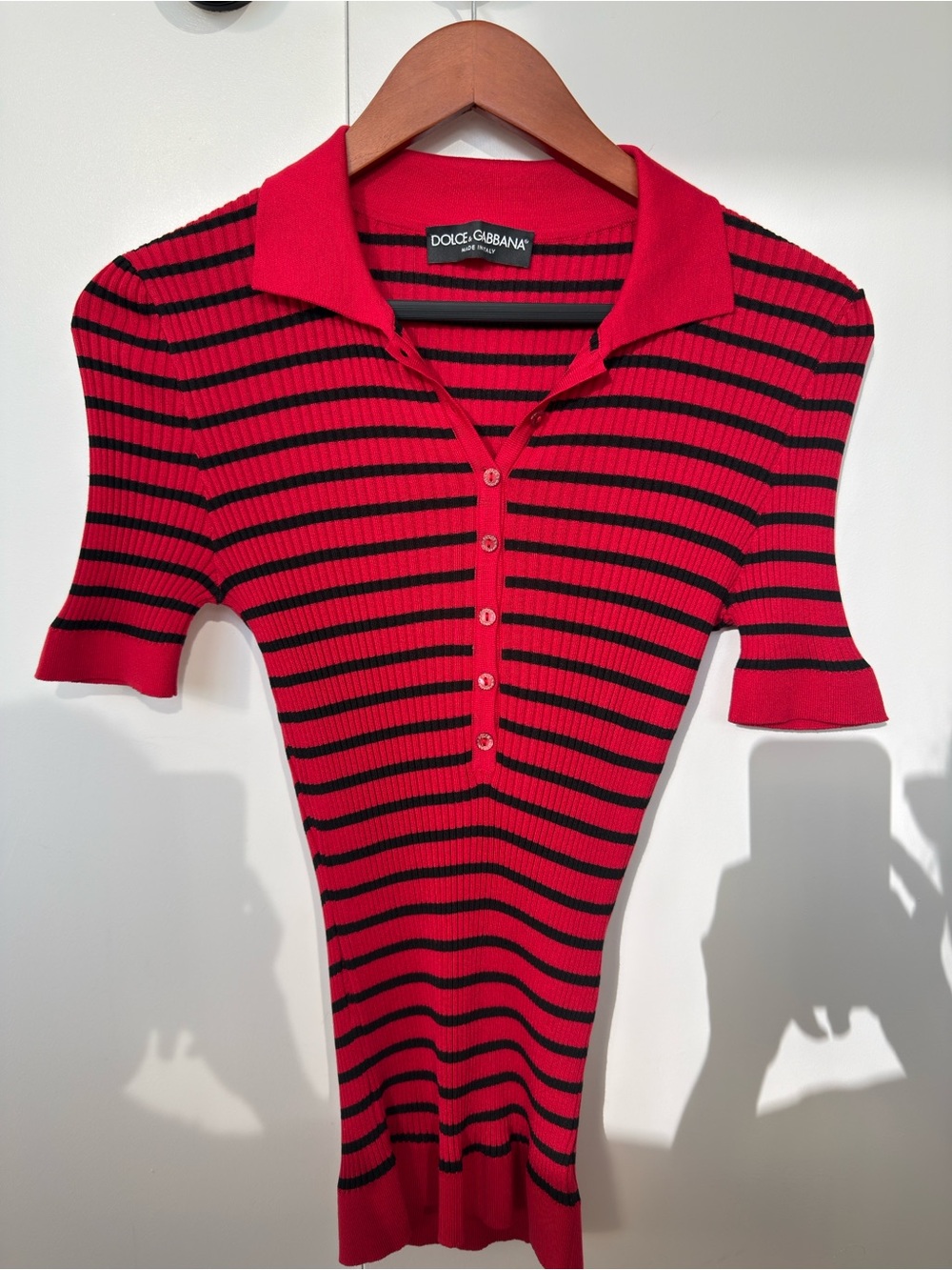 Dolce & Gabbana Red & Black Striped Knit Polo Top | Made in Italy | Size 40